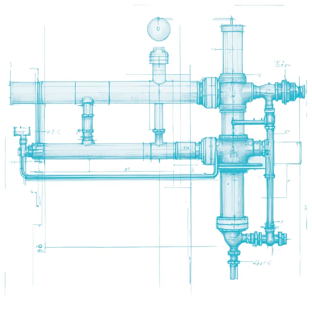Blueprint illustration of plumbing pipes and valves